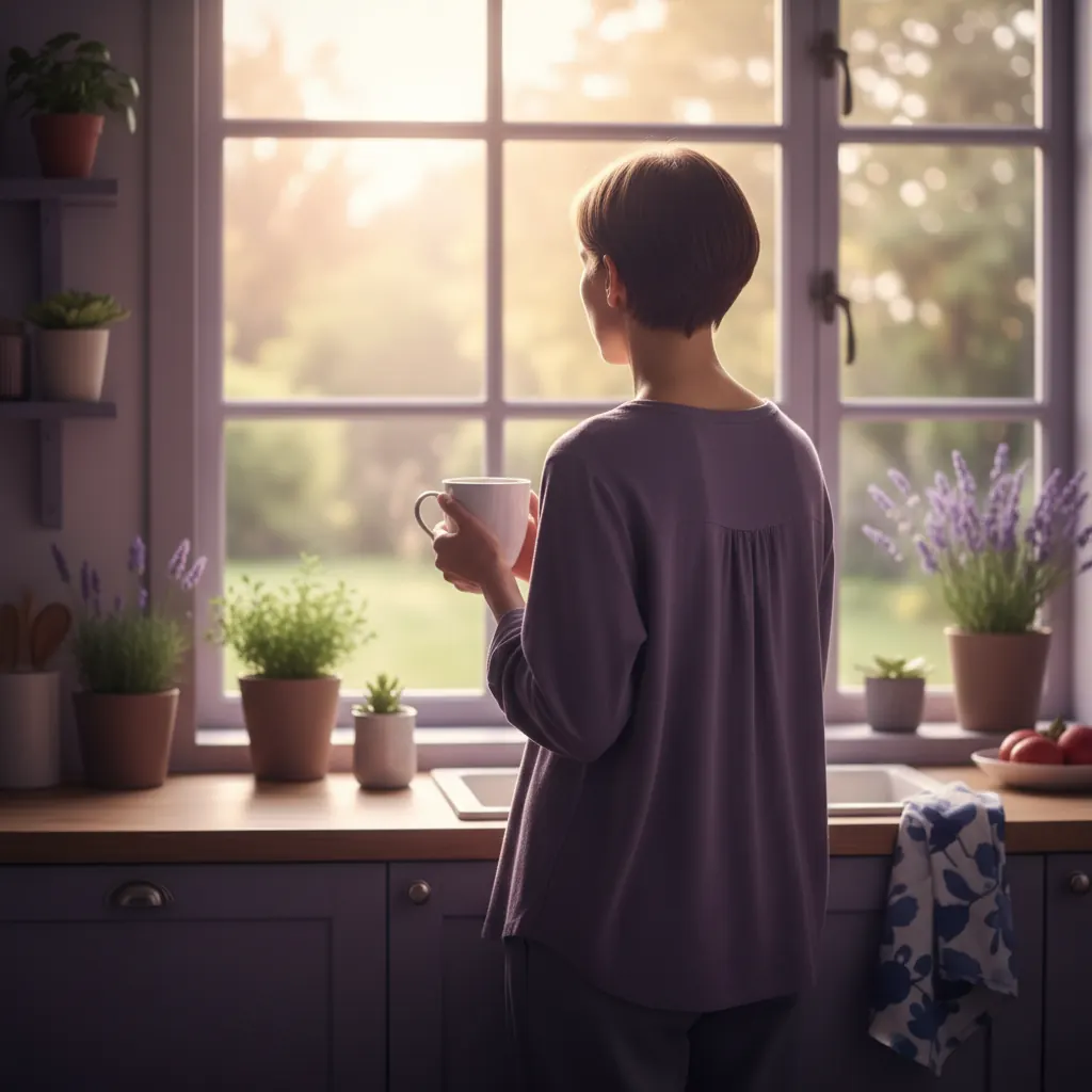 Morgenroutine - anonyme Person am Küchenfenster mit Kaffee